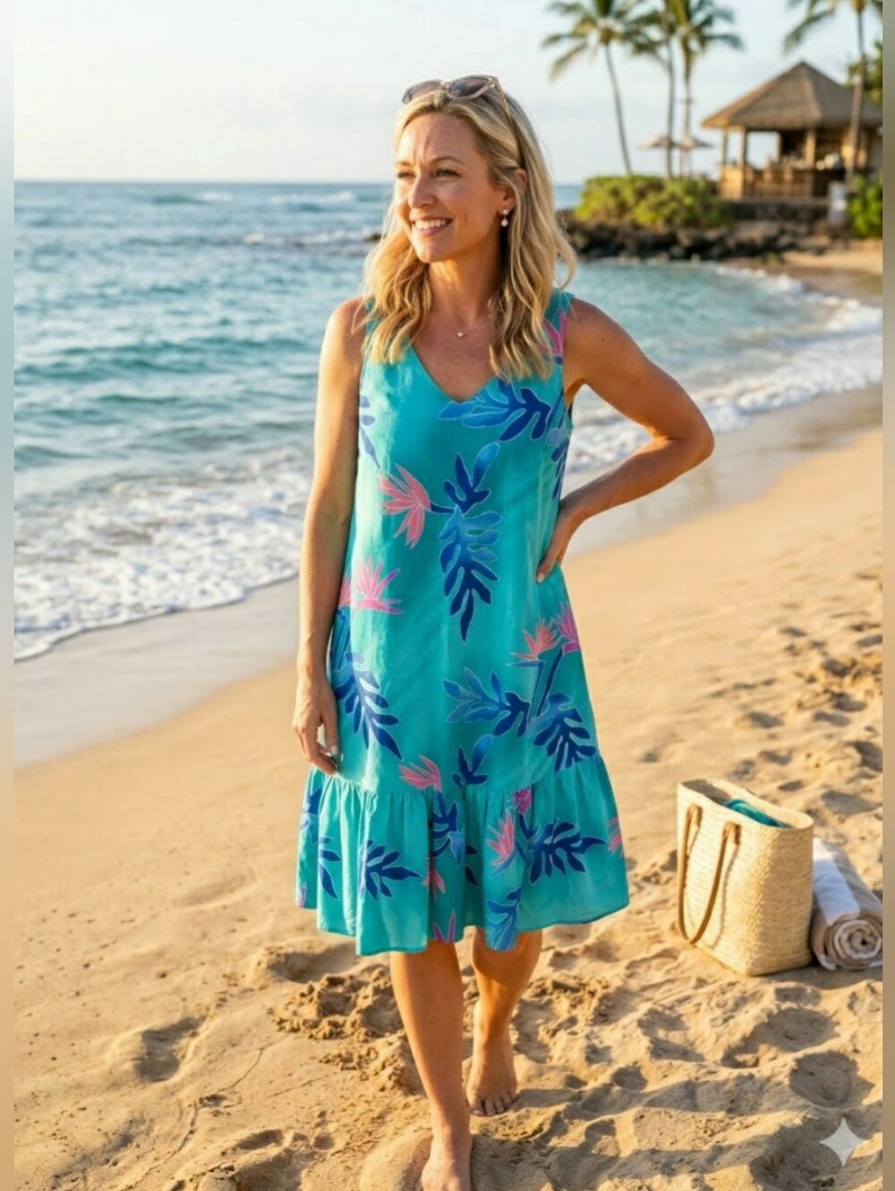 Vintage 90s Hilo Hattie Hawaiian Teal Floral Cotton Midi Dress L/XL Vacation C11